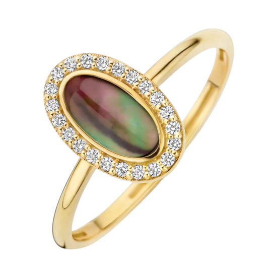 Ring aus 585er Gold mit ovalem schwarzem Perlmutt und Zirkonia