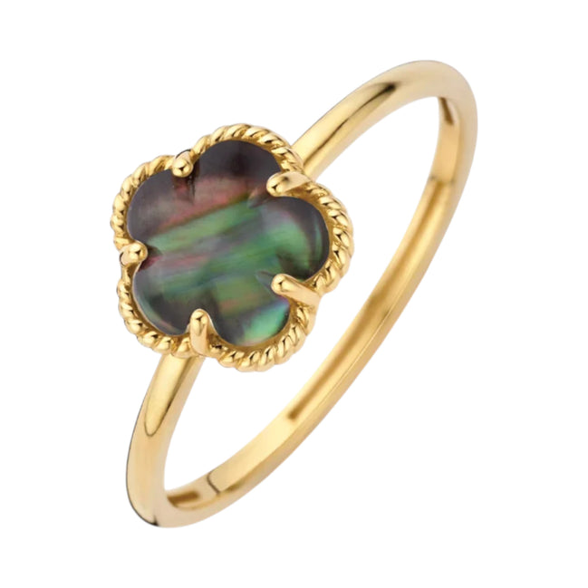 Ring aus 585er Gold mit schwarzer Perlmutt-Blüte