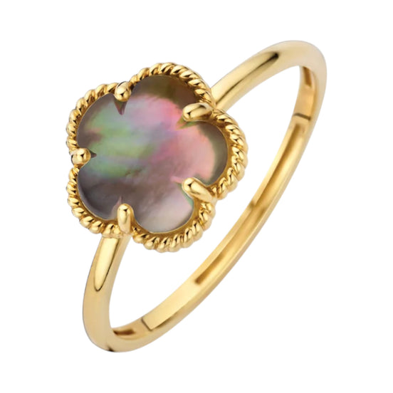 Ring aus 585er Gold mit schwarzer Perlmutt-Blüte