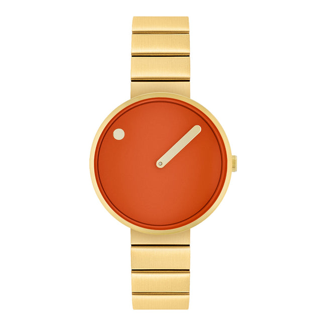 Uhr Stahlarmband gold, oranges Ziffernblatt
