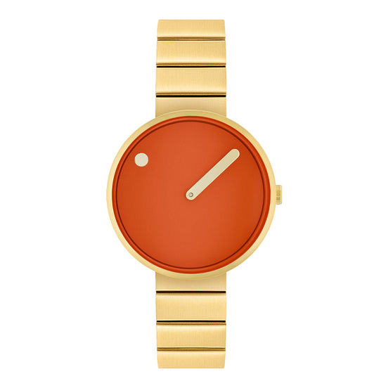 Uhr Stahlarmband gold, oranges Ziffernblatt