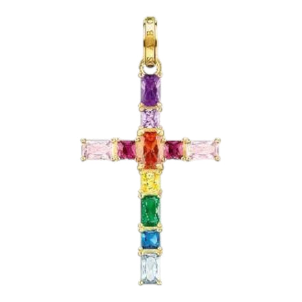 Anhänger "Kreuz Bunte Steine" Silber, vergoldet