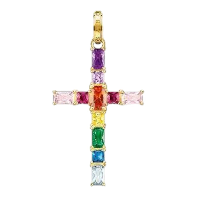 Anhänger "Kreuz Bunte Steine" Silber, vergoldet