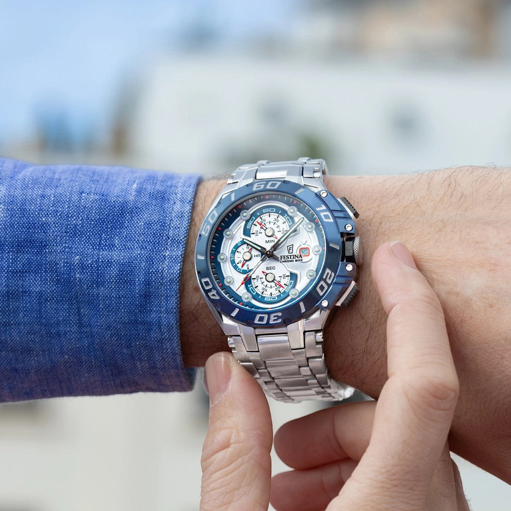 Herrenuhr Chrono Bike Edelstahl, weiß/blau