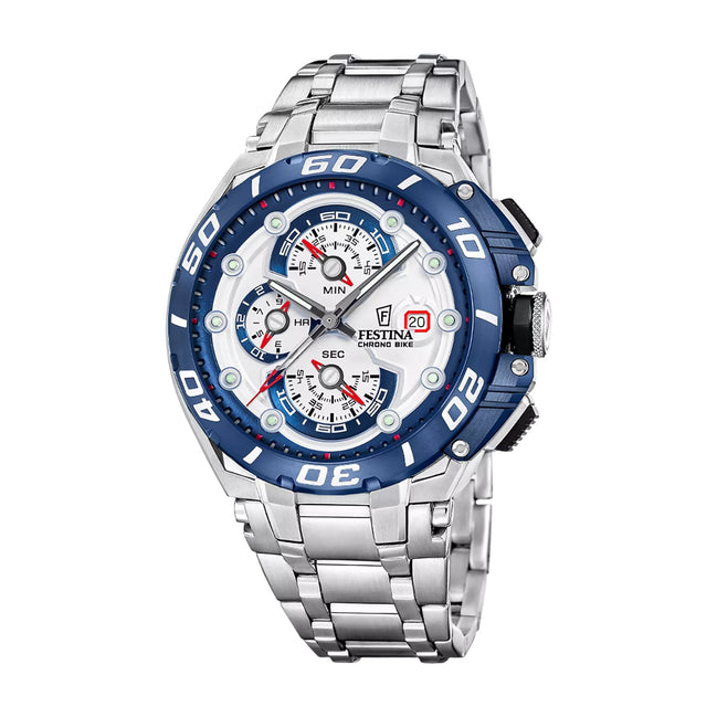 Herrenuhr Chrono Bike Edelstahl, weiß/blau