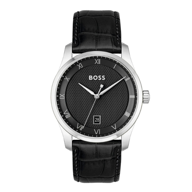 Edelstahl Boss Herrenuhr Schwarz Leder BOSS Konisches Schwarzes